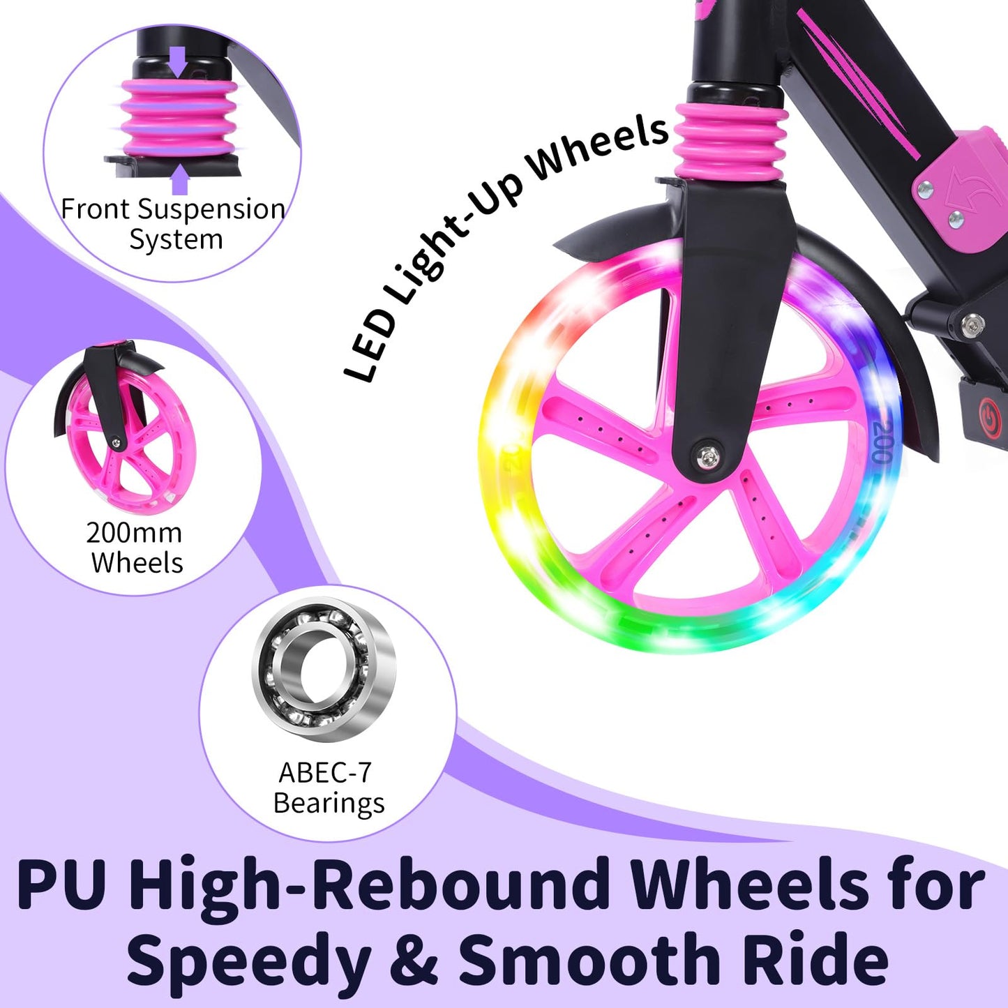 BELEEV V8 Scooters for Kids Ages 6+ with Light-Up Wheel & Stem & Deck, 2 Wheel Folding Scooter for Adults Teens, 4 Adjustable Height, Lightweight