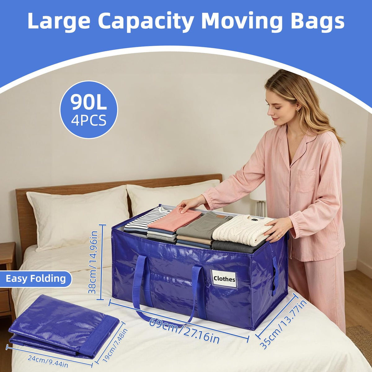 inreeme Heavy-Duty Moving Bags and 90L Large Storage Bags with Zips 4 Pack