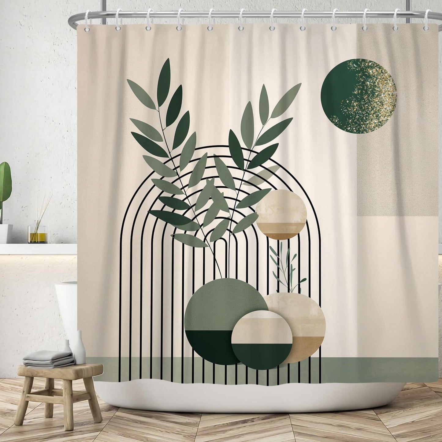 ASDCXZ Boho Shower Curtain 180x200 cm, Modern Abstract Art Boho Style Retro Sun Green Leaves Beige Bath Washable Shower Curtains Polyester Textile