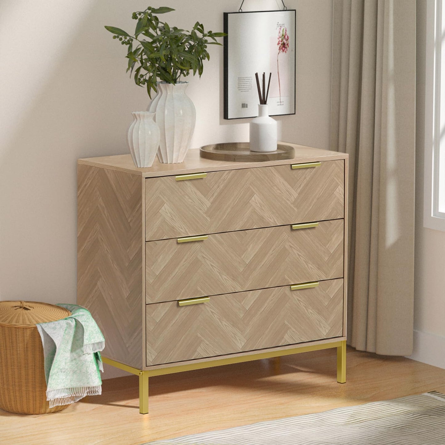Skokliz Modern 3 Drawer Chest of Drawers for Bedroom, Mid Century Natural Oak Modern Dresser Wooden Storage Unit Bedroom Furniture with Spacious
