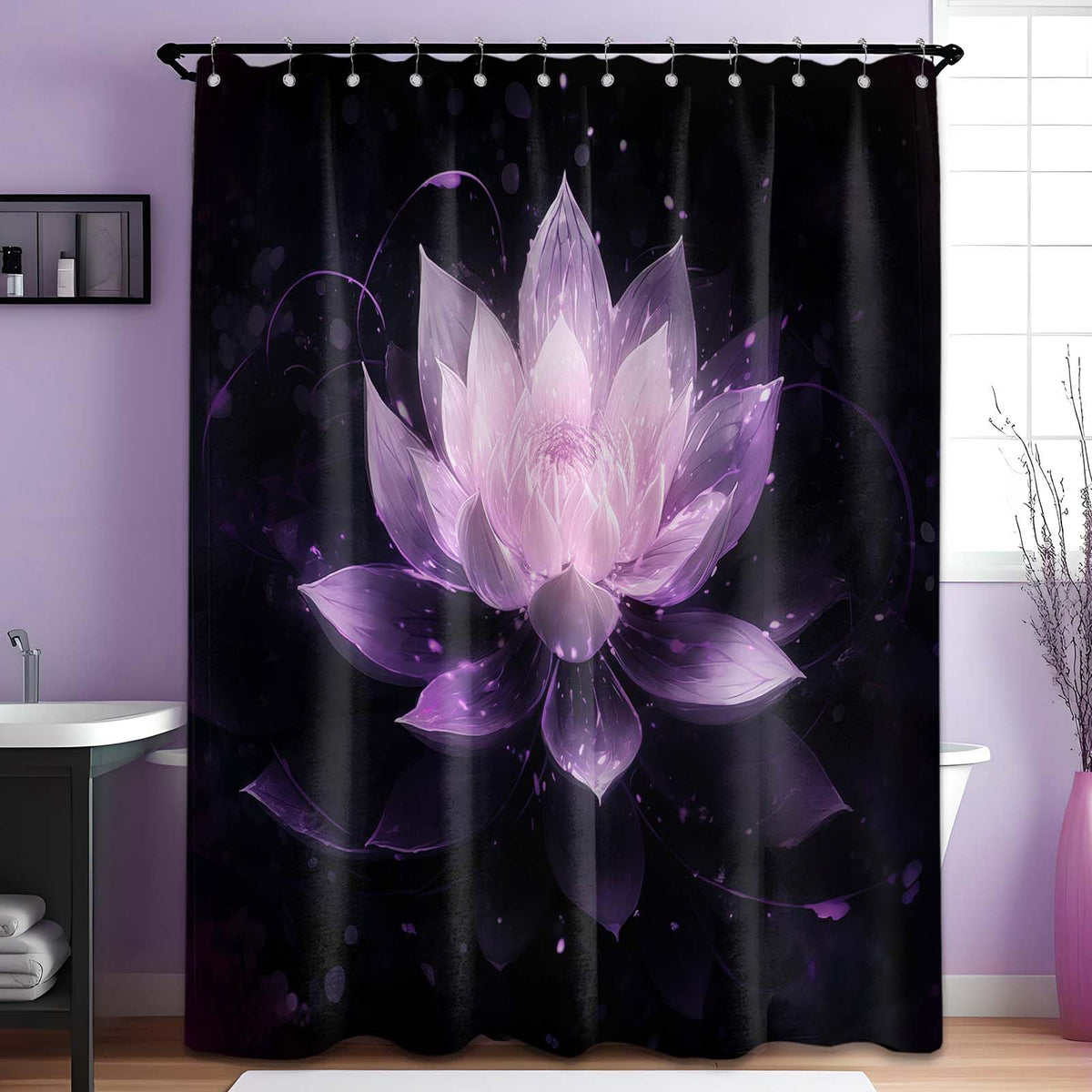 LanZanthic Lotus Shower Curtains for Bathroom Black and Purple Floral Spa Zen Wet Room Shower Curtain, Washable, Waterproof, Cloth Fabric, 180 x 200