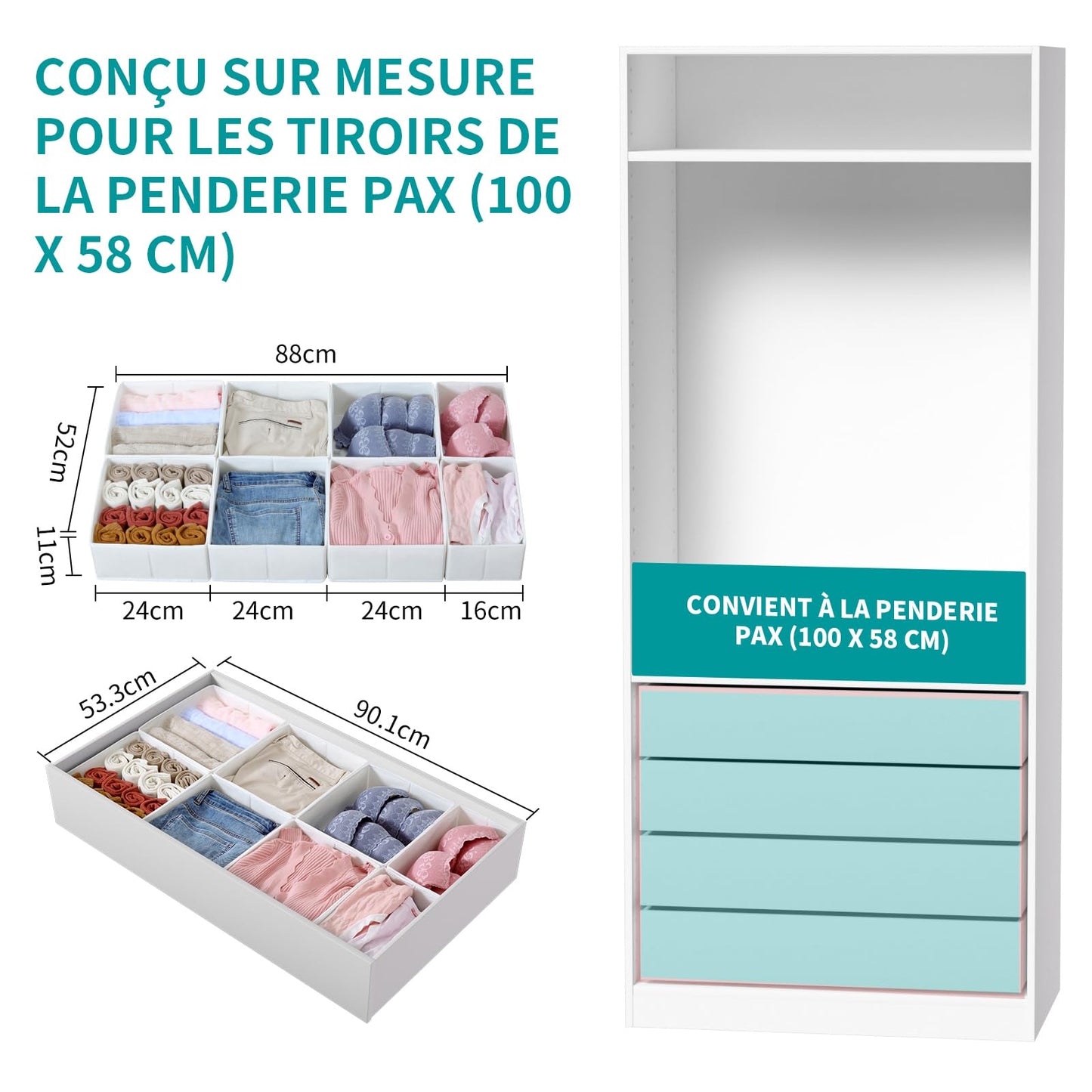 ORLISA Set of 16 Drawer Organisers, Compatible with PAX Wardrobe, 100 x 58 cm, Foldable Fabric Boxes with Sturdy Base for Clothes, Robust White