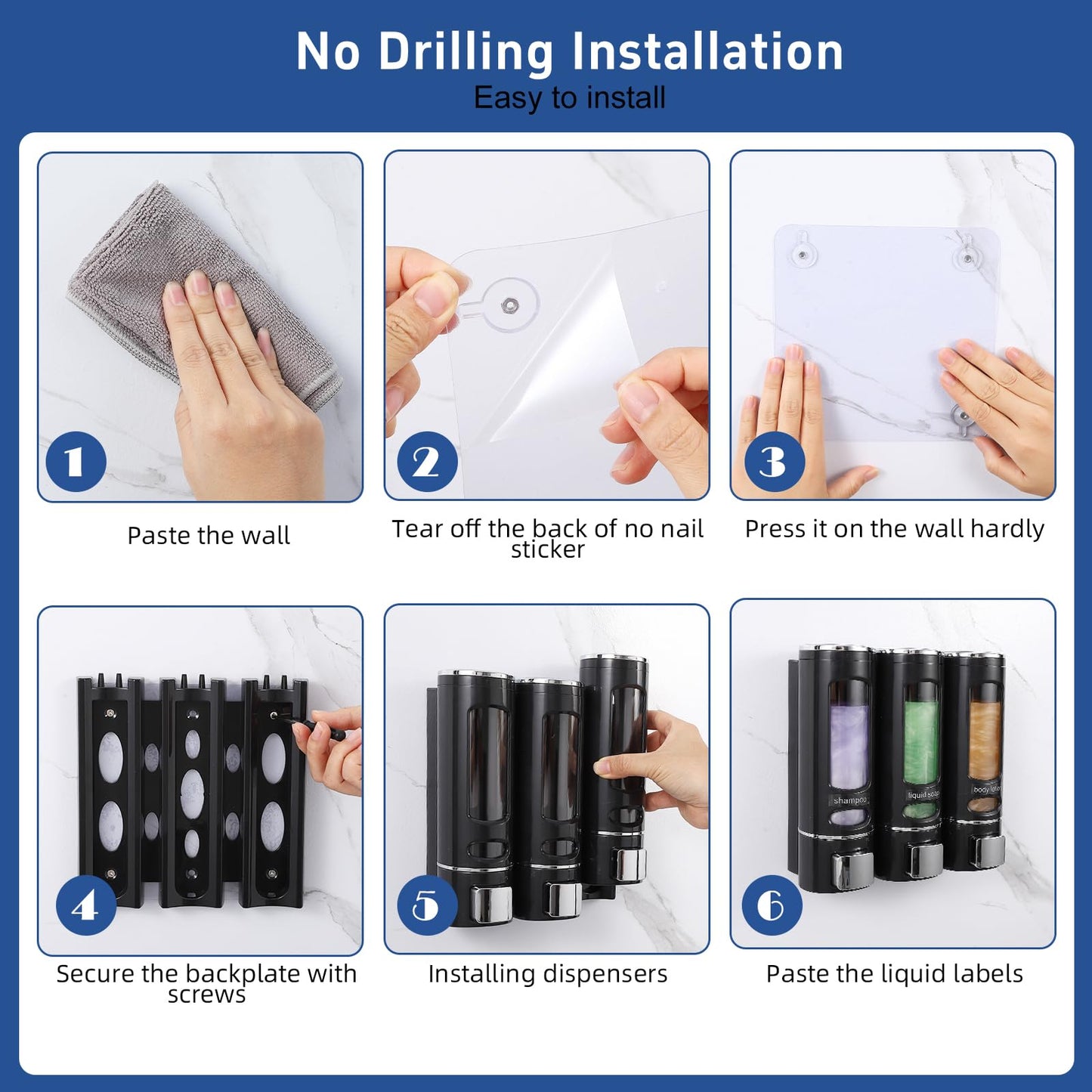 Shampoo and Conditioner Dispenser,Shower Dispensers 3 Chamber No Drill Shower Soap Dispenser Shampoo Conditioner Body Wash Dispenser Wall Mount for