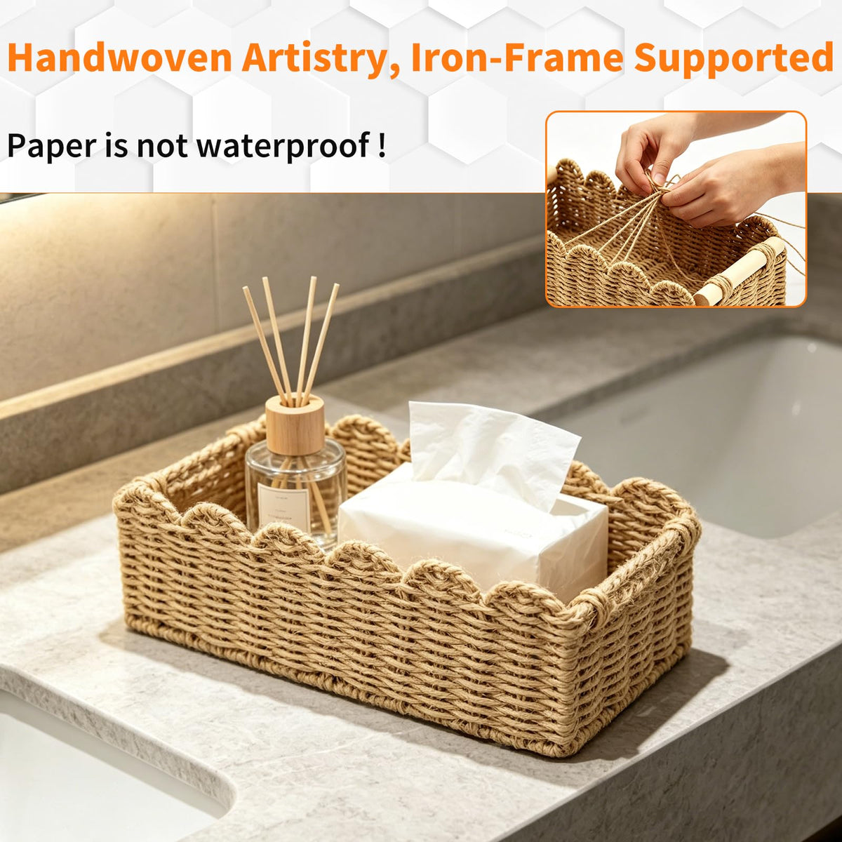 Lnopever 2 Pcs Storage Baskets, Paper Rope Scalloped Edge Bathroom Organizer Boxes, for Toilet Storage Shelf, End Table, Shelves and More