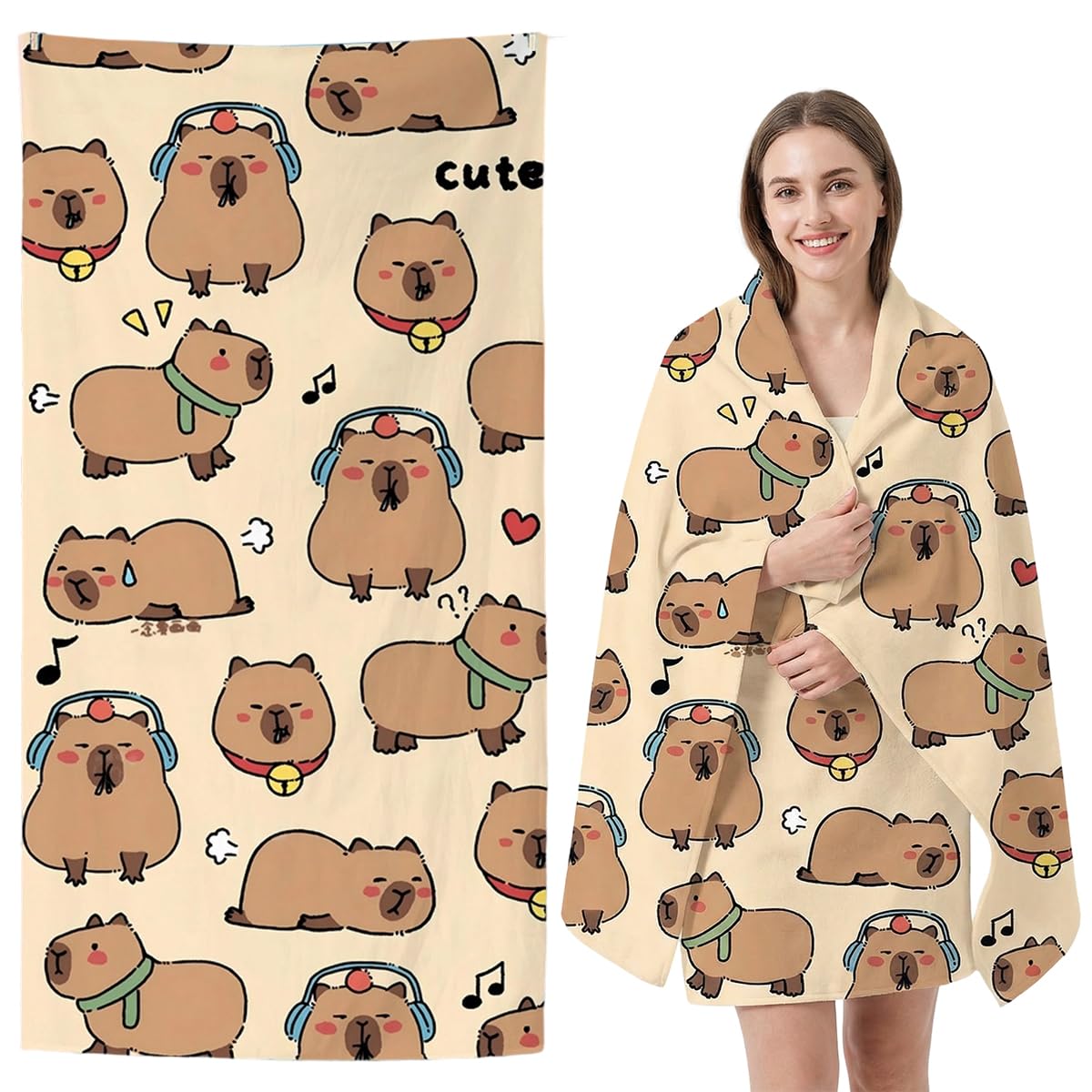 WFKKMEQ Capybara Beach Towel, Quick Dry Microfibre Towels Super Absorbent Sandproof Beachs Bath Towels Pool Towel SwimmingTowel Lightweight Printed