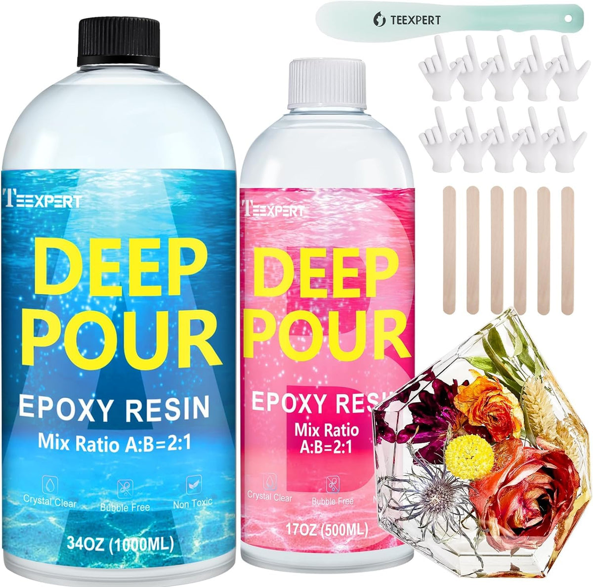 Teexpert Deep Pour Epoxy Resin, 51oz/1.5L Crystal Clear Epoxy Resin Kit for 2-4" Pour Depths, High Gloss Bubble-Free Casting Resin for Flower