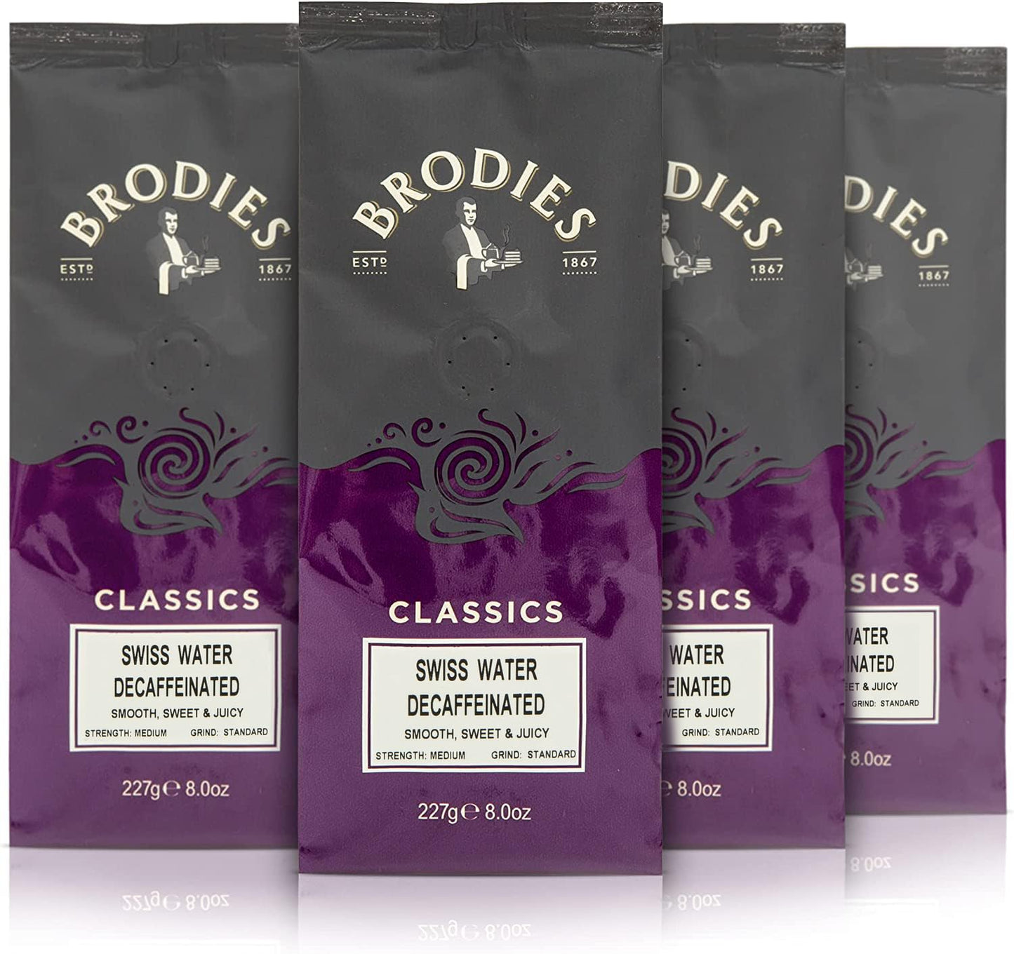 Brodies Classics Artisan Ground Coffee - Swiss Water Decaffeinated 100 Percent Arabica (4 Pack of 227 g) smooth, sweet and juicy, medium Strength,