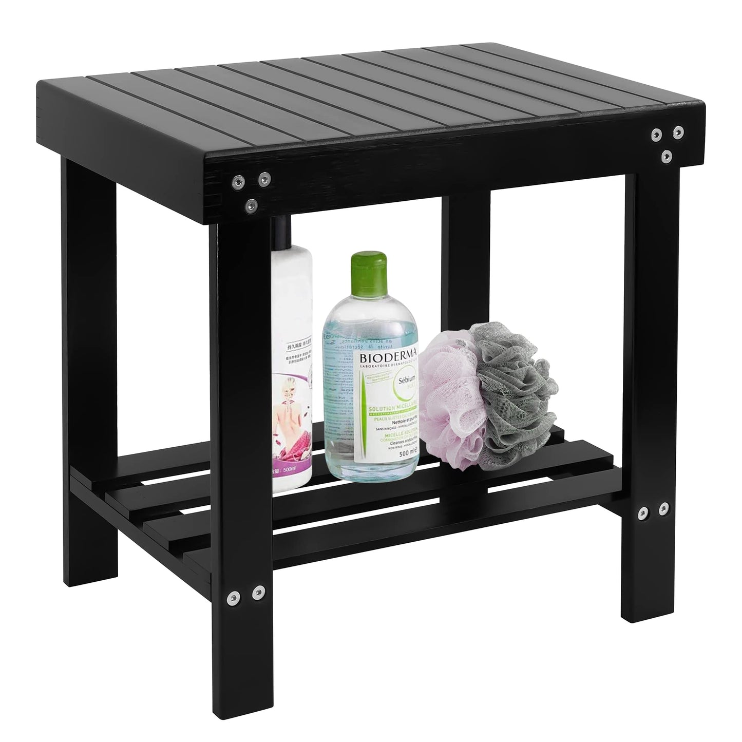 VaeFae Bamboo Spa Bench Wood Seat Stool Foot Rest Shaving Stool with Non-Slip Feets Storage Shelf for Shampoo Towel,Works in Bathroom/Living