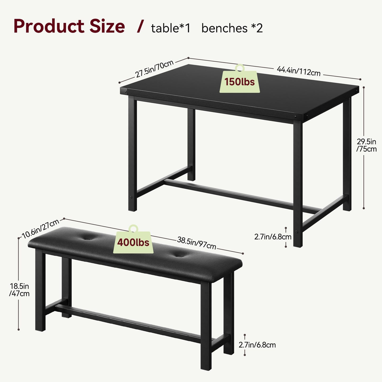 Crevyteg Dining Table Set for 4, Kitchen Table with Benches, Rectangular Dining Room Table Set with 2 Upholstered Benches
