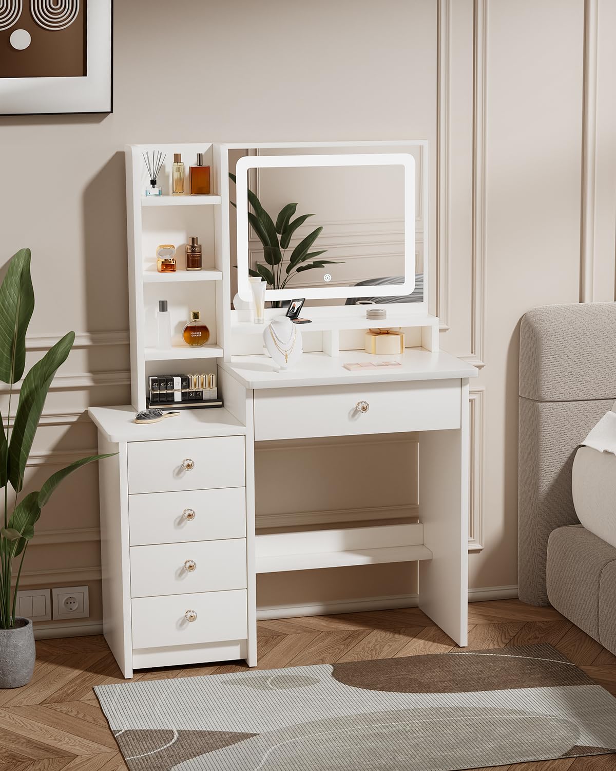 ZenkiHome Dressing Table with LED Mirror and Adjustable Lights, 90cm White Vanity Desk