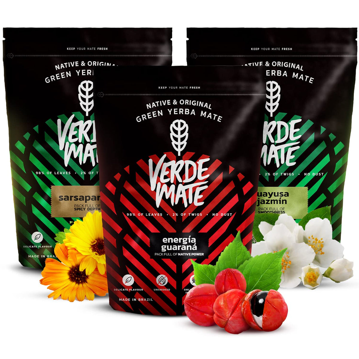 Verde Mate Green Yerba Set - Energia Guarana, Guayusa Jazmin, Sarsaparilla | Brazilian Green Tea | 3x500g