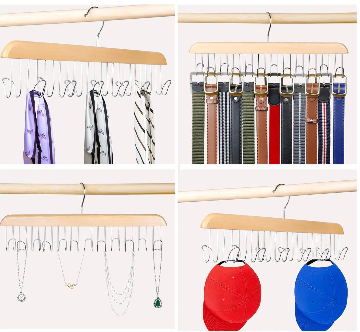 BOBOZHONG Wooden Belt Hanger for Closet, 2 Pack with 8 Hooks, Anti Slip, Polished Brown Finish