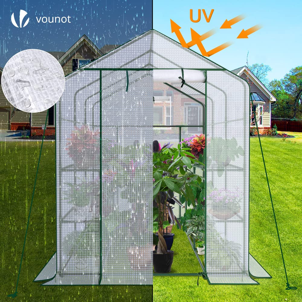 VOUNOT? Walk In Greenhouse with Shelves, Roll up Zip Panel Door Garden Plastic Polytunnels Grow House for Outdoor Use, White 143x215x195cm