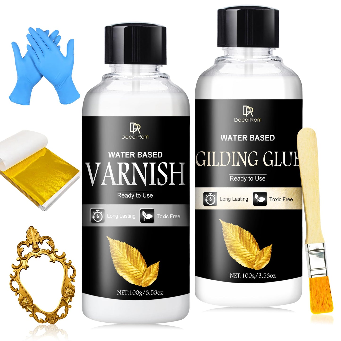Gold Leaf Gilding Adhesive Kit - 200ml Water-Based Adhesive & Varnish with Brush, 100 Gold Leaf Sheets for Art, Craft, Painting, Furniture Decoration
