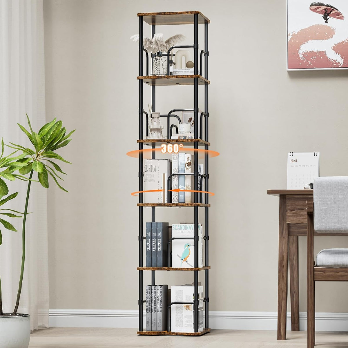 5 Tier Square Rotating Bookshelf, 360° Corner Bookshelf Tower, Small Size Revolving Bookcase with Adjustable Levels