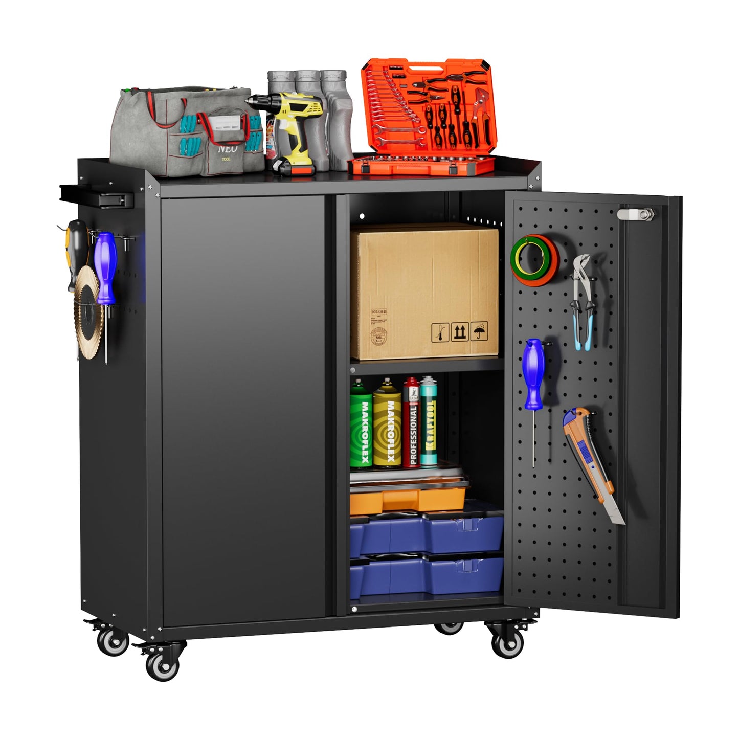 SUPEER Metal Tool Cabinet with Wheels & Pegboard, 87x66x35cm,Black