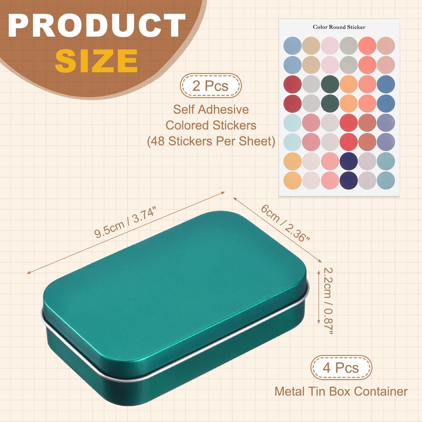 sourcing map 4Pcs Metal Tin Box Container, 3.7x2.4x0.9 Rectangular Empty Box with Self Adhesive Colored Stickers