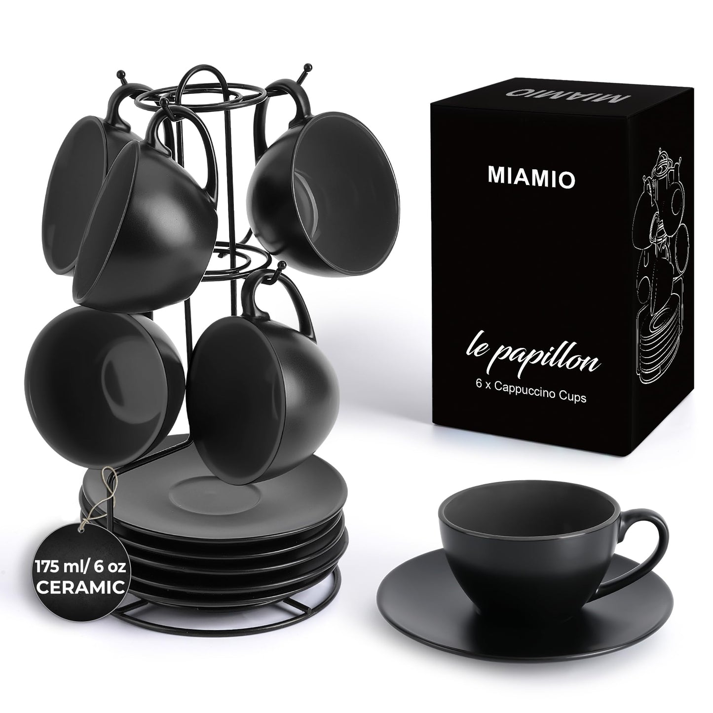 MIAMIO - Set of 6, Ceramic Stackable Cappuccino Cups Set / 175 ml Cappuccino Mugs and Saucer with Metal Stand for Coffee Drinks, Cappuccino, Latte,