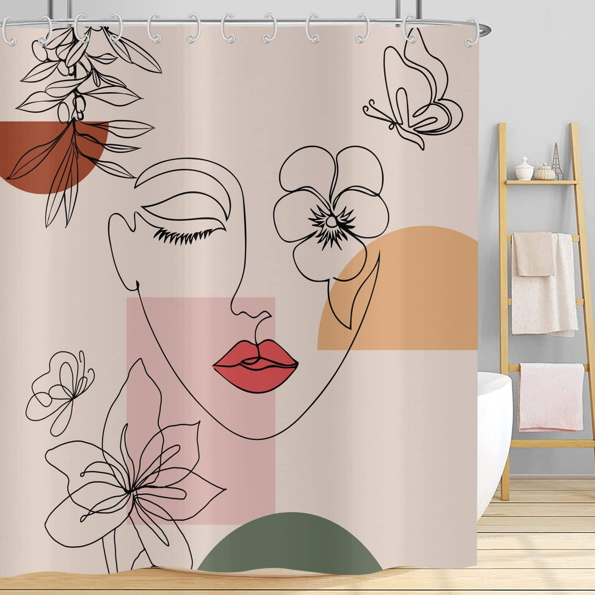 Abstract Woman Shower Curtain 180x200, Hnmdmyi Boho Mid Century Bathroom Curtains Minimalist Modern Flower Plant Terracotta Aesthetic Girl Waterproof