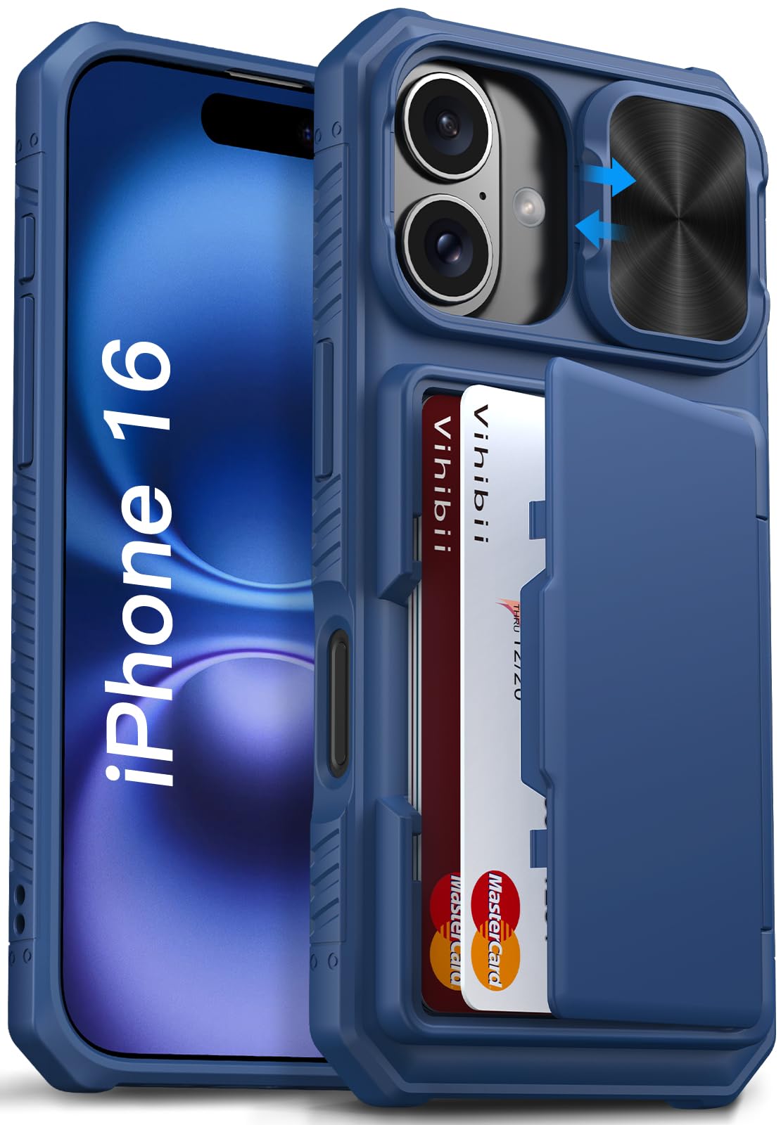 Vihibii for iPhone 16 Wallet Case with Card Holder (4 Cards) [RFID Blocking] & Slide Camera Cover & Raised Edges Protect Screen, Shockproof Rugged