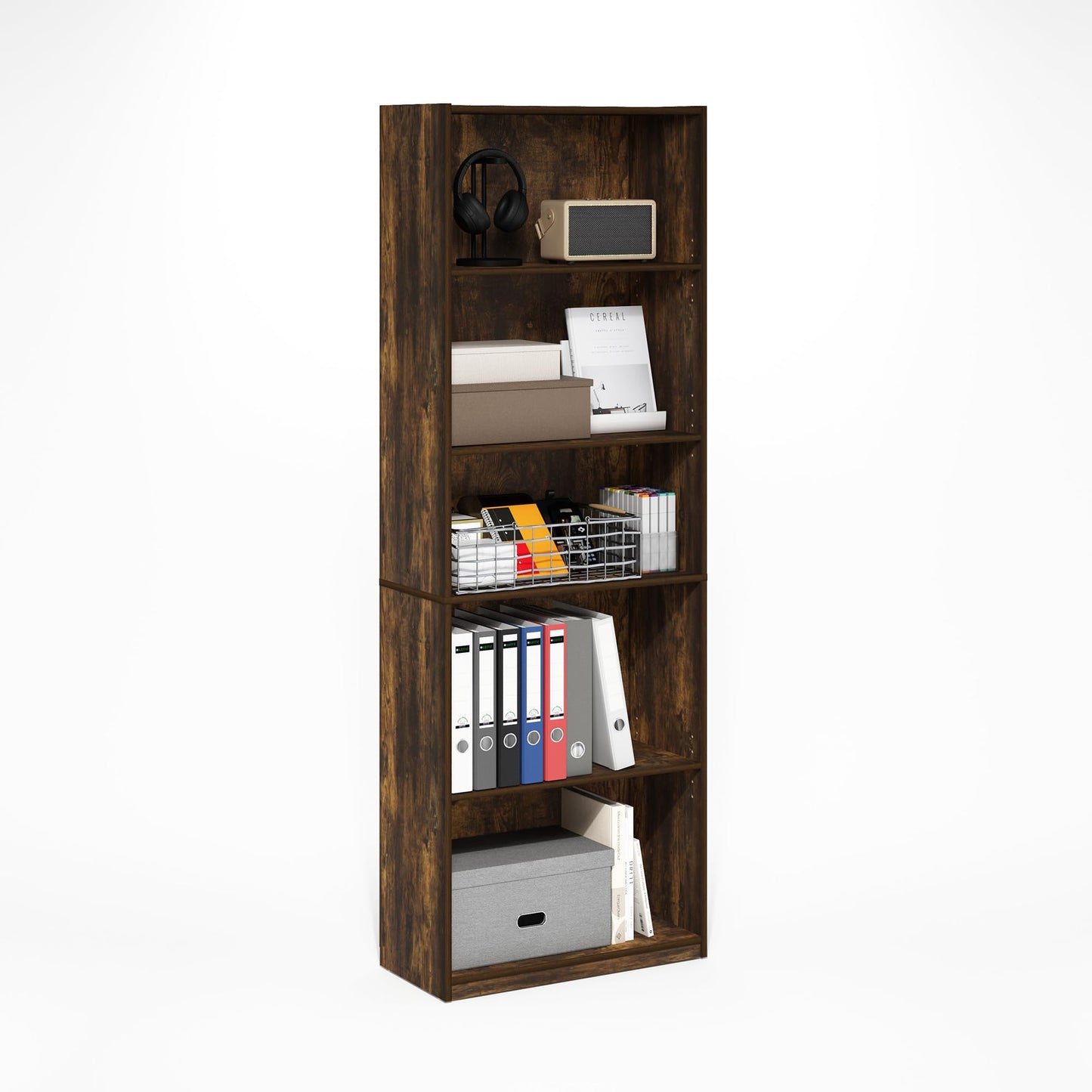 Furinno GEHRY Book Shelf, 5-Tier Bookshelf, Bookcase with Adjustable Shelves, 29.5 x 63 x 181.4 cm, for Living Room, Bedroom, Home Office, Amber Pine