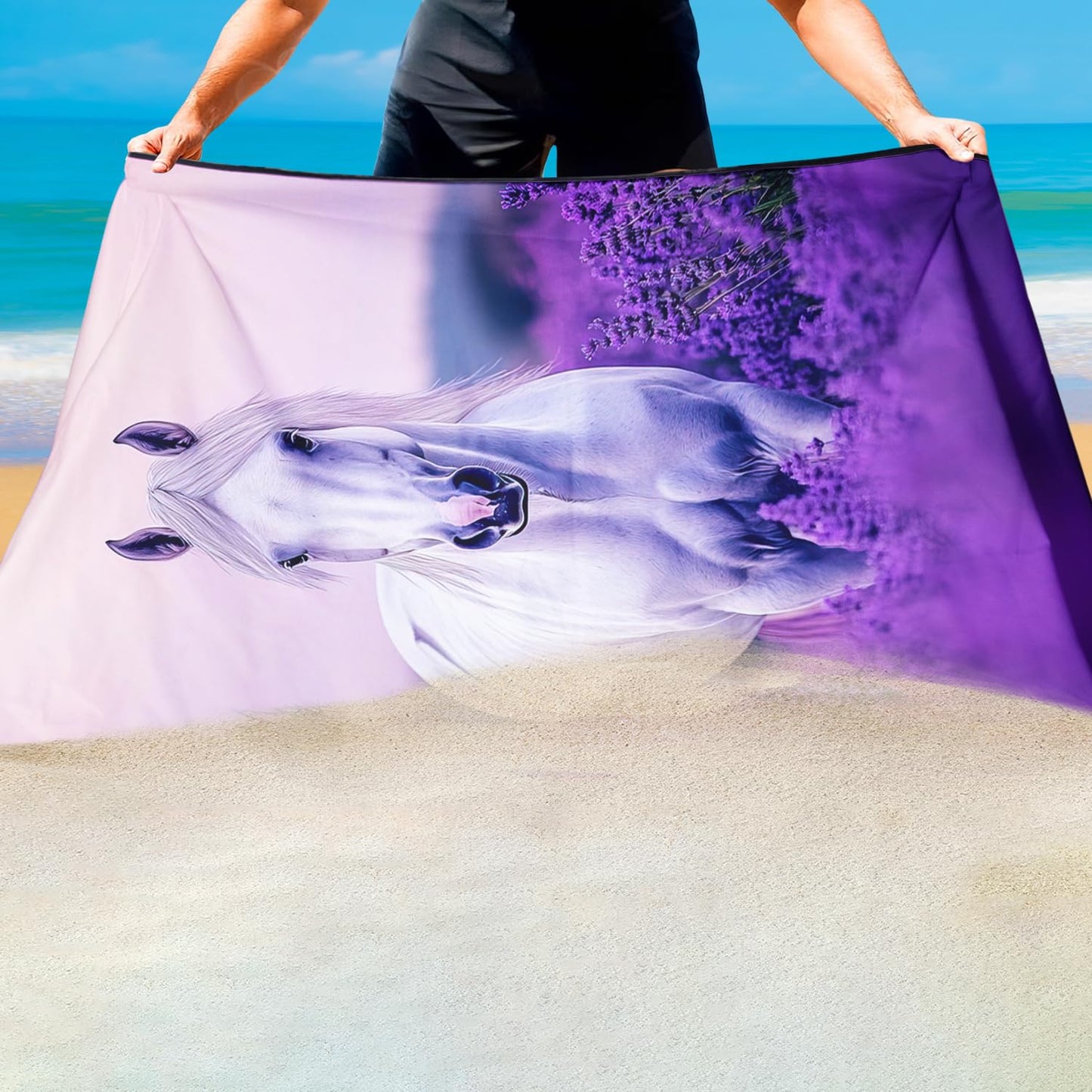 Violetpos Lavender Field White Horse Beach Towel, Extra Large 180x90 cm 250GSM Microfibre, Sand Free Quick Dry