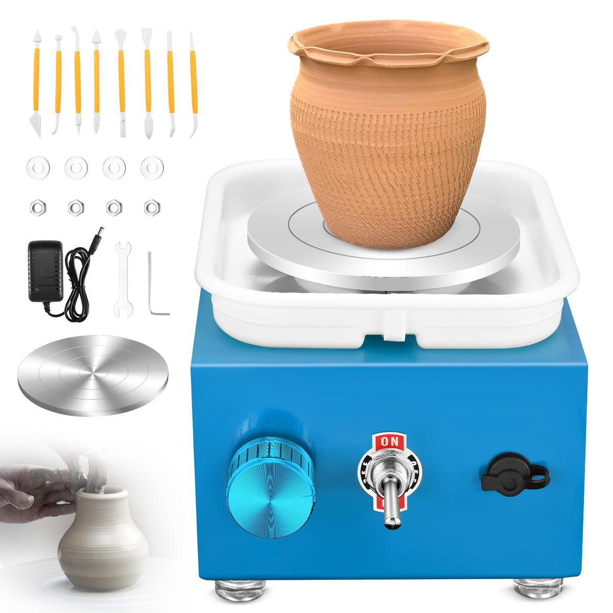 Pottery Wheel, Mini Pottery Wheel with Strong Motor 2000RPM Adjustable Speed, Potters Wheel with 10/6.5cm Plates and Sculpting Tools, Ceramic Pottery