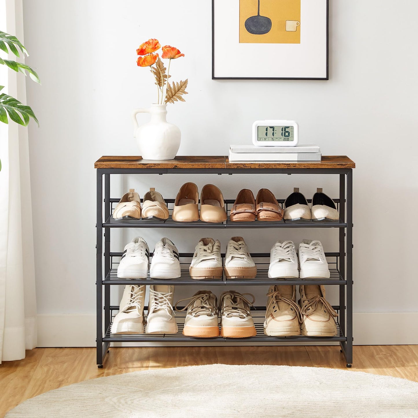 HOOBRO Shoe Rack, 4-Tier Shoe Organizer, Shoe Storage Shelves for 12-16 Pairs, Adjustable Metal Shelf, 75 x 29 x 59 cm, Industrial Shoe Rack for