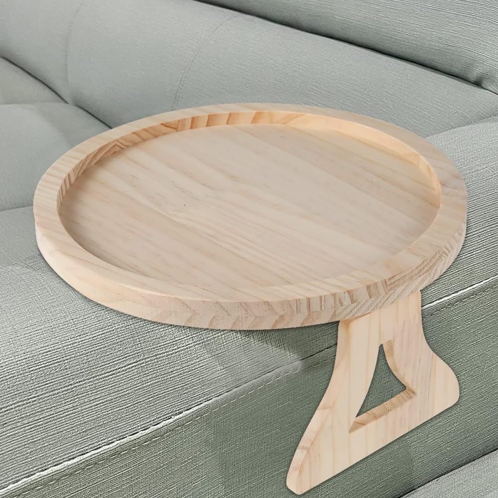 YWHWLX Round Sofa Arm Tray Table, Portable and Foldable Bamboo Sofa Armrest Clip-On Tray