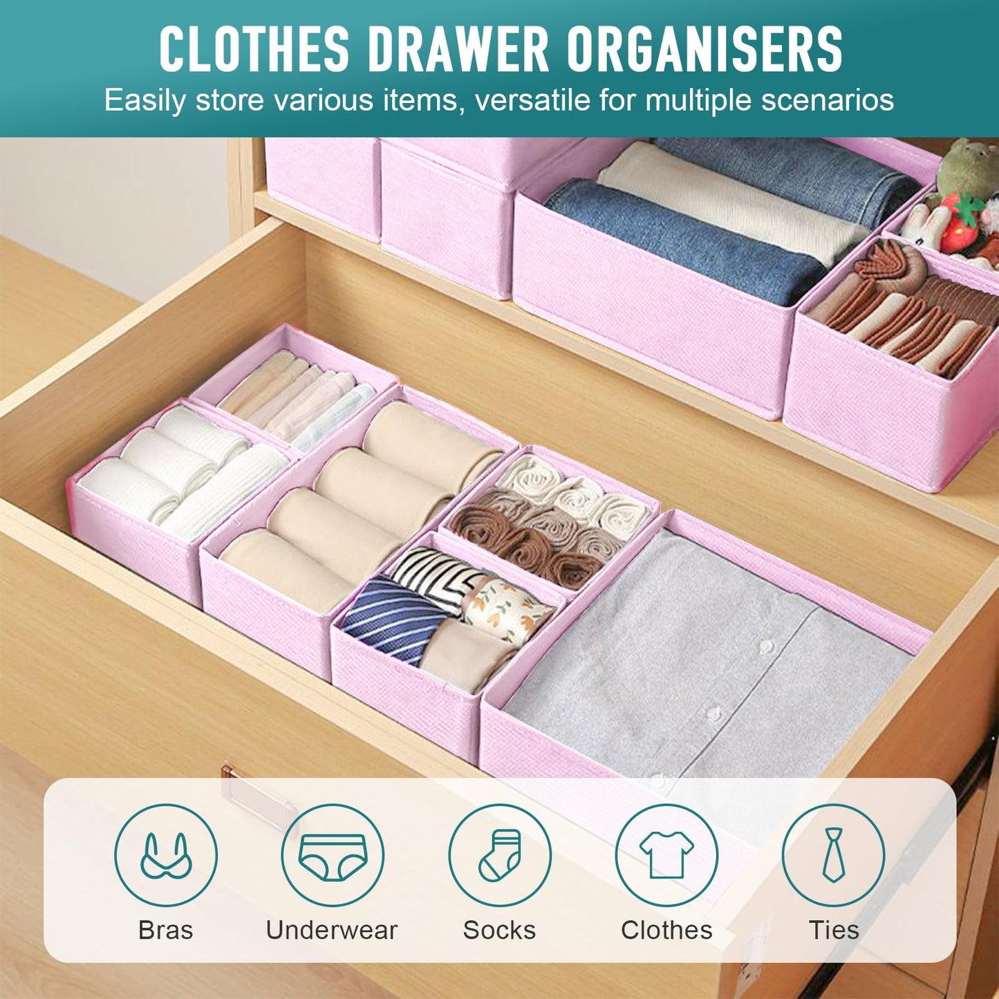 Cylogia 8 Pack Drawer Organisers Underwear Drawer Dividers Foldable Storage Boxes Fabric Closet Organizers Storage Cubes for Clothes Bras Socks Ties