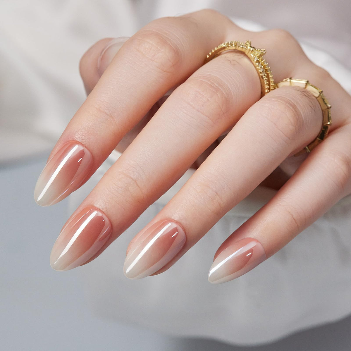 Short Press On False Nails Almond - Findigit Glossy Nude White Ombre Soft Gel Nails, Natural Reusable Stick On Nails with Glue On in 16 Sizes - 32