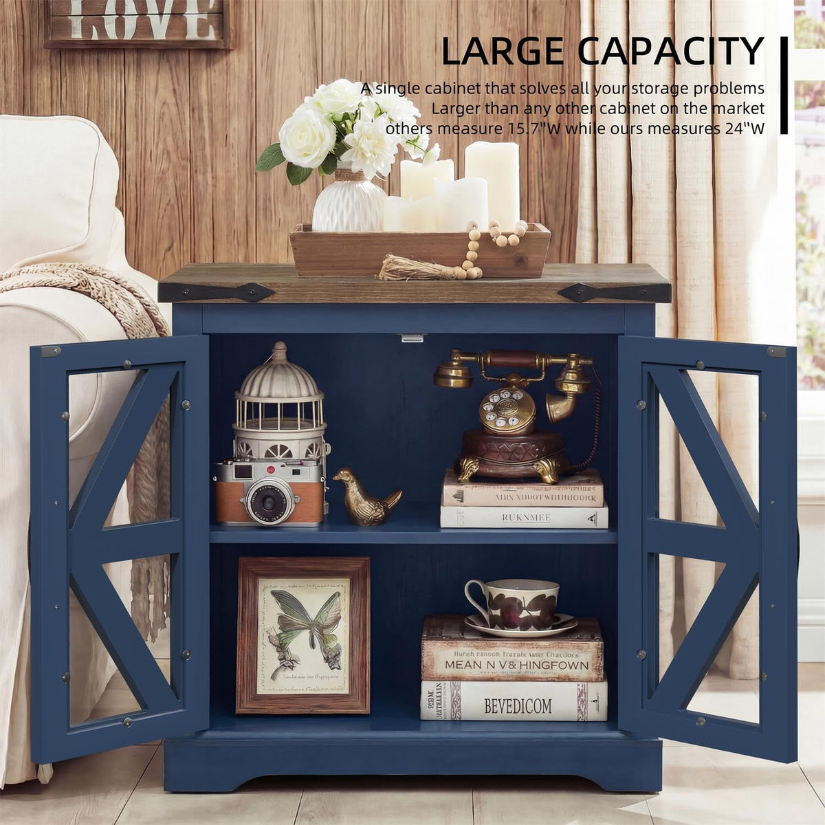BEROXII Rustic Wood End Table, 24 inches, Square Nightstand with Adjustable Shelf, Barn Door, for Living Room, Bedroom (Blue)