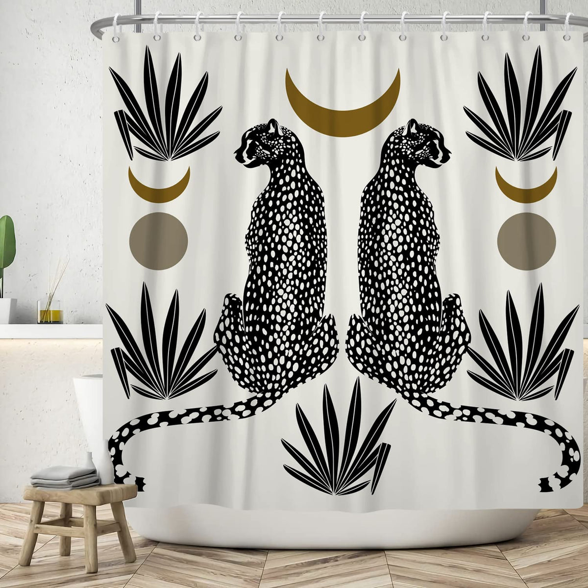 Ttincceer 71x71inch Black Leopard Shower Curtain Abstract Mid-Century Shower Curtain Set Palm Leaf Abstract Moon Bath Curtain Waterproof Bathtub