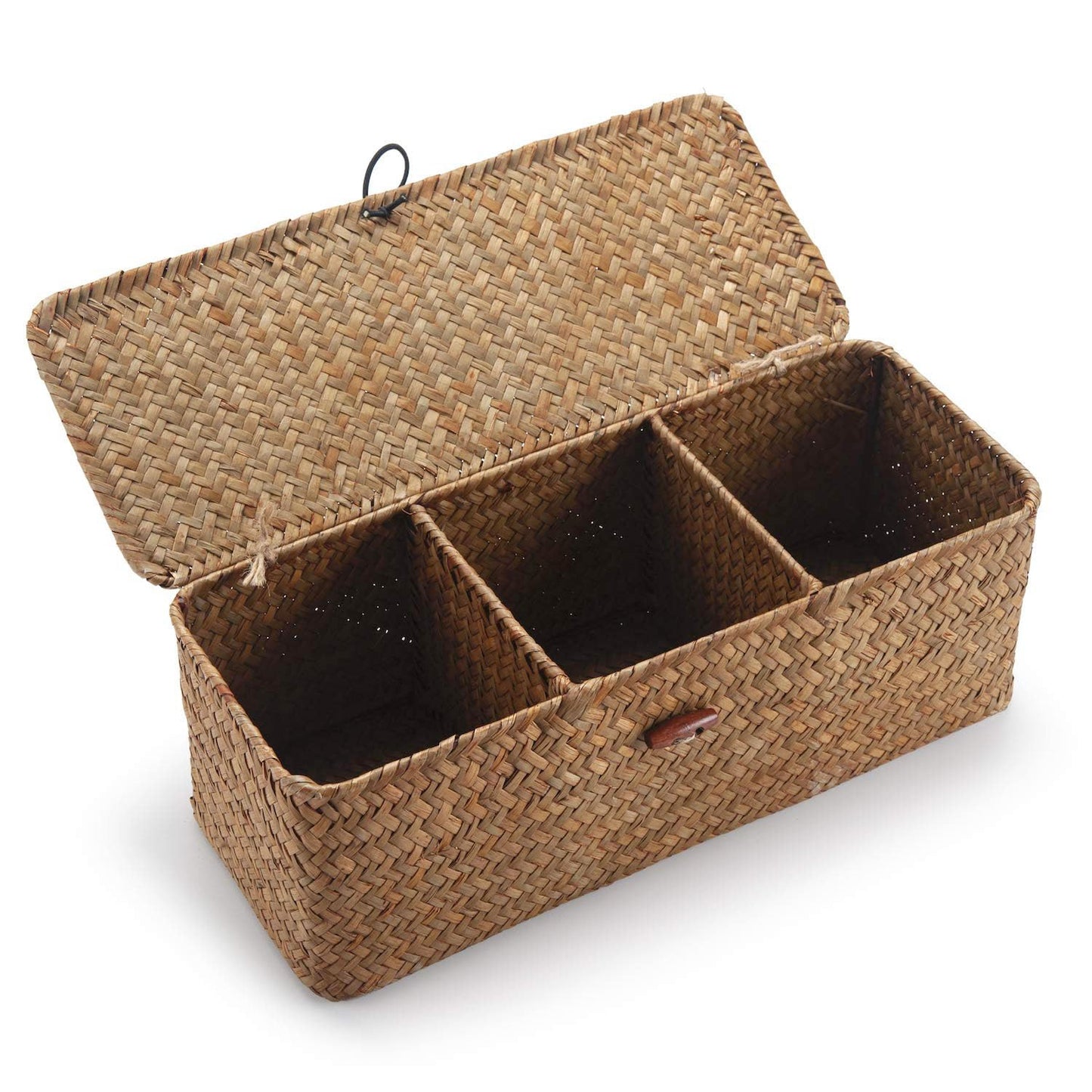 Toilet Tank Basket with Lid, Seagrass Storage Basket for Bathroom, Wicker Woven Bathroom Organizer with 3 Compartments, Small