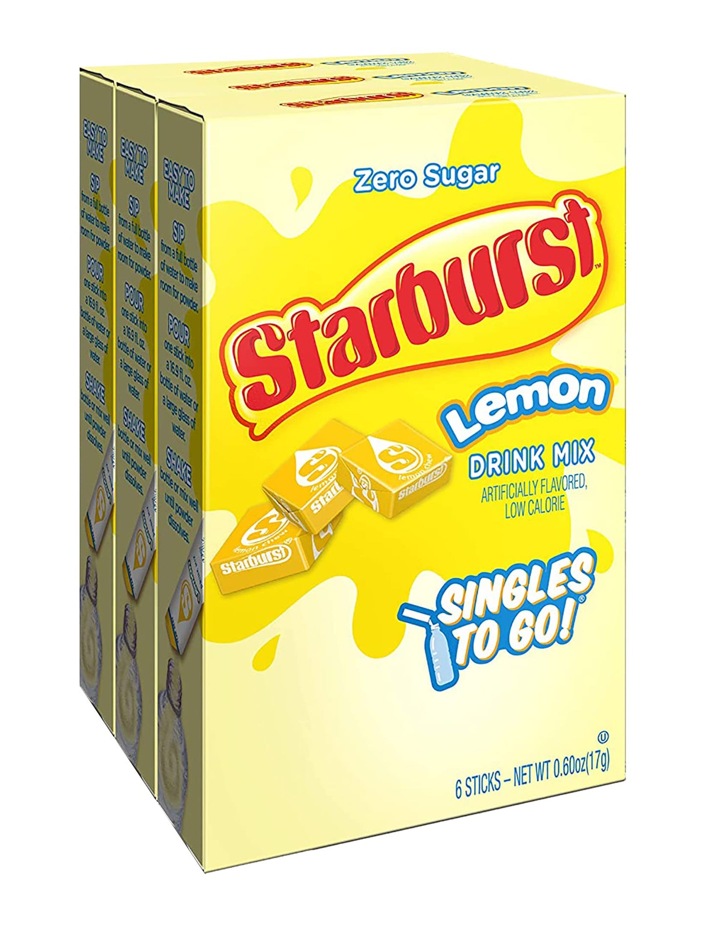 Starburst Singles To Go Powdered Drink Mix, Lemon, 3 Boxes with 6 Packets Each - 18 Total Servings, Sugar-Free Drink Powder, Just Add Water, 6 count