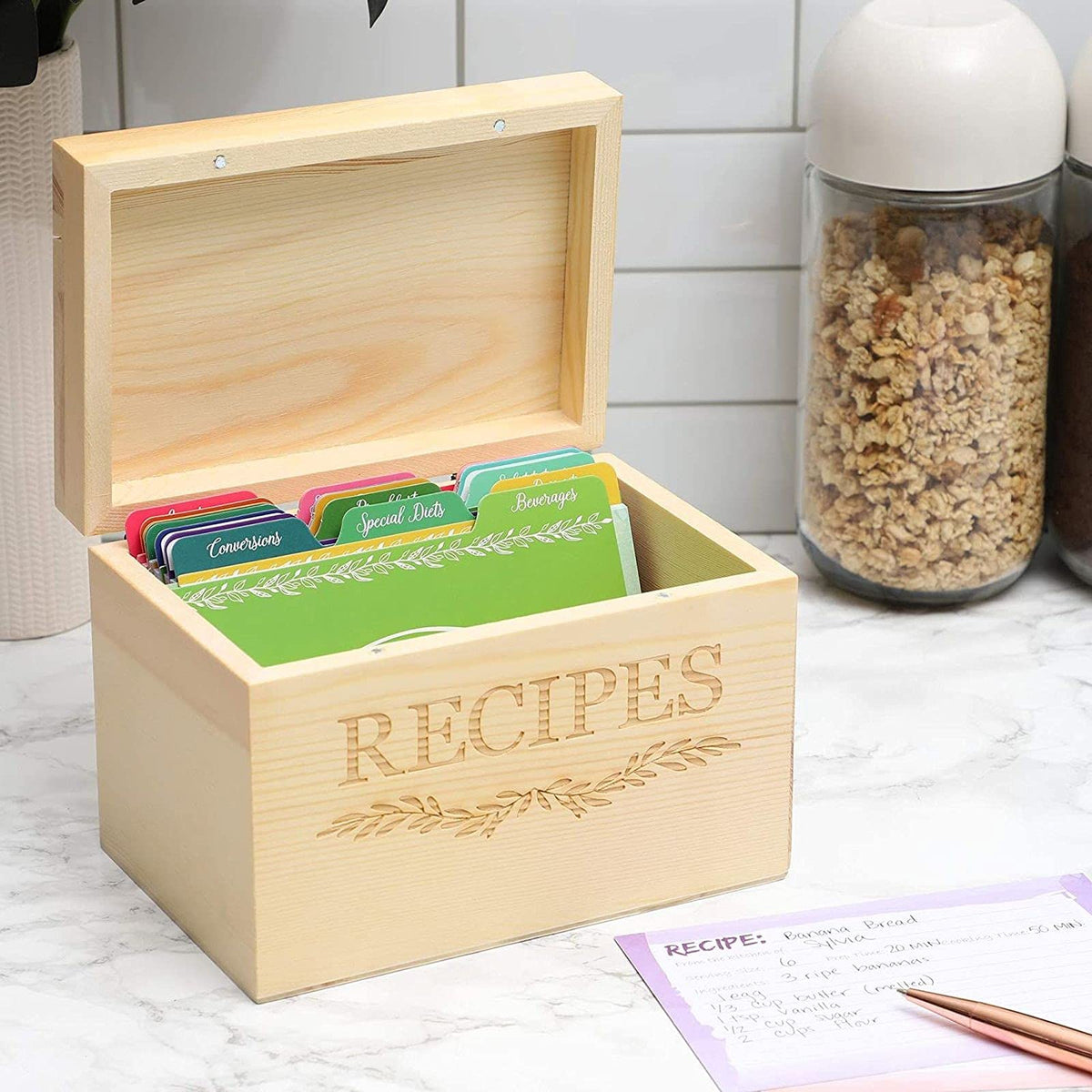 Juvale Wood Recipe Organisation Box with Cards and Dividers