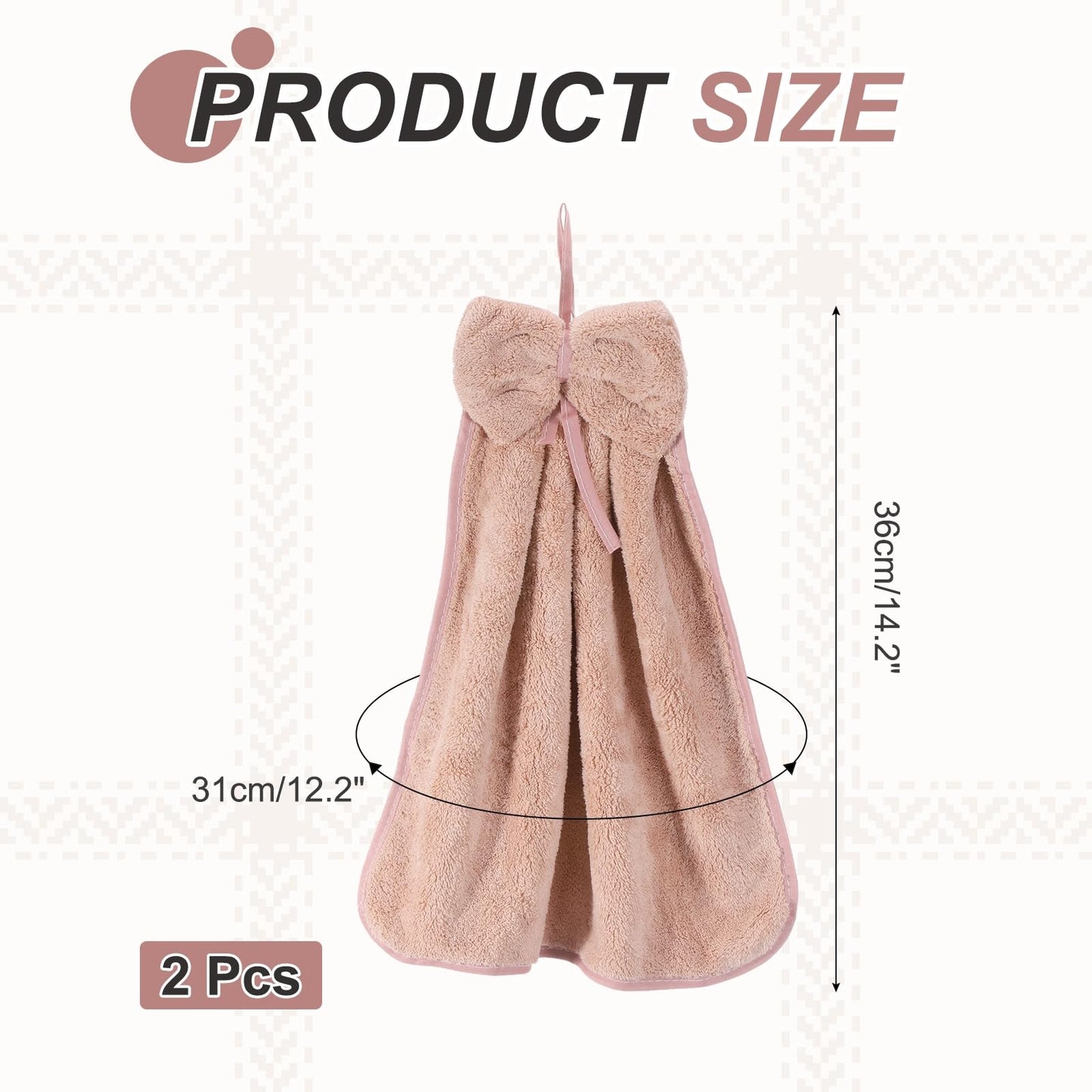 sourcing map 2Pcs Bow Hand Towels with Hanging Loop, 14.2" x 12.2" Soft Coral Fleece Microfiber Bowknot Hanging Hand Dry Towels Quick Dry and
