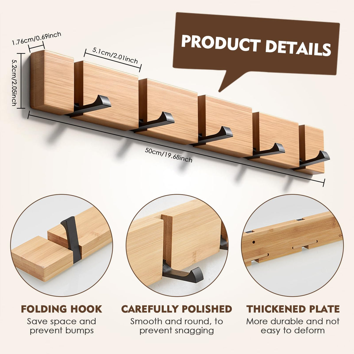 EHIOG Flip 5-Hook Wall Mounted Coat Rack, Wooden Modern Flip Down for Hanging Hats, Sleek, Wood Heavy Duty Entryway Wall Hangers for Hanging Towels