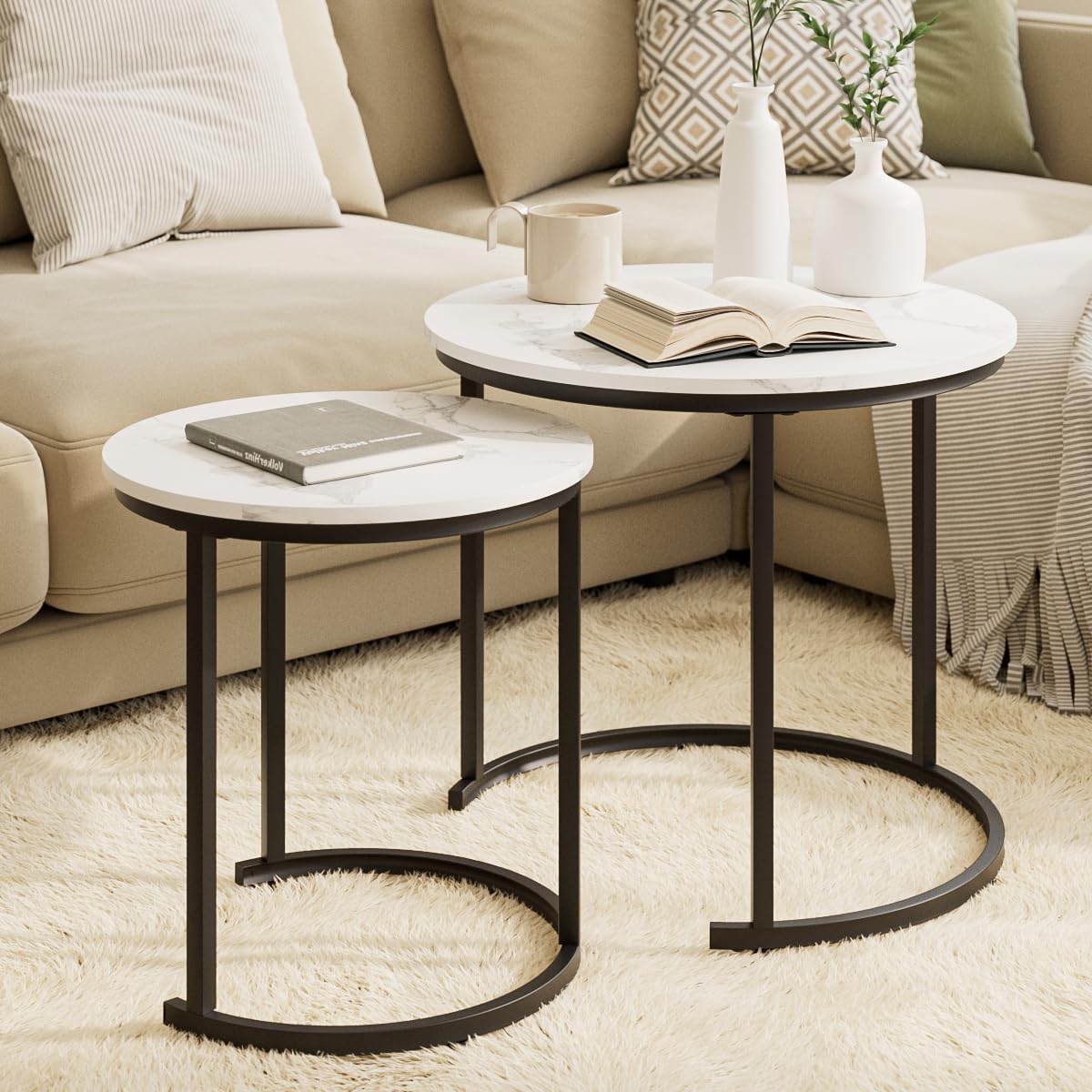 HEYZOEY Round Coffee Tables, Removable Set of 2 End Table, Nesting Table, Side Table with Black Metal Frame Legs and Marble White Top for Living Room