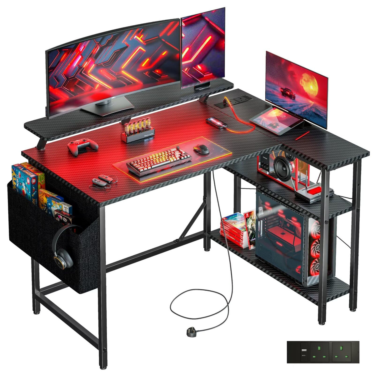 DOMSHOCT L Shaped Gaming Desk with LED Lights & Power Outlets, 100 * 80cm Small Corner Computer Table with Storage Bag