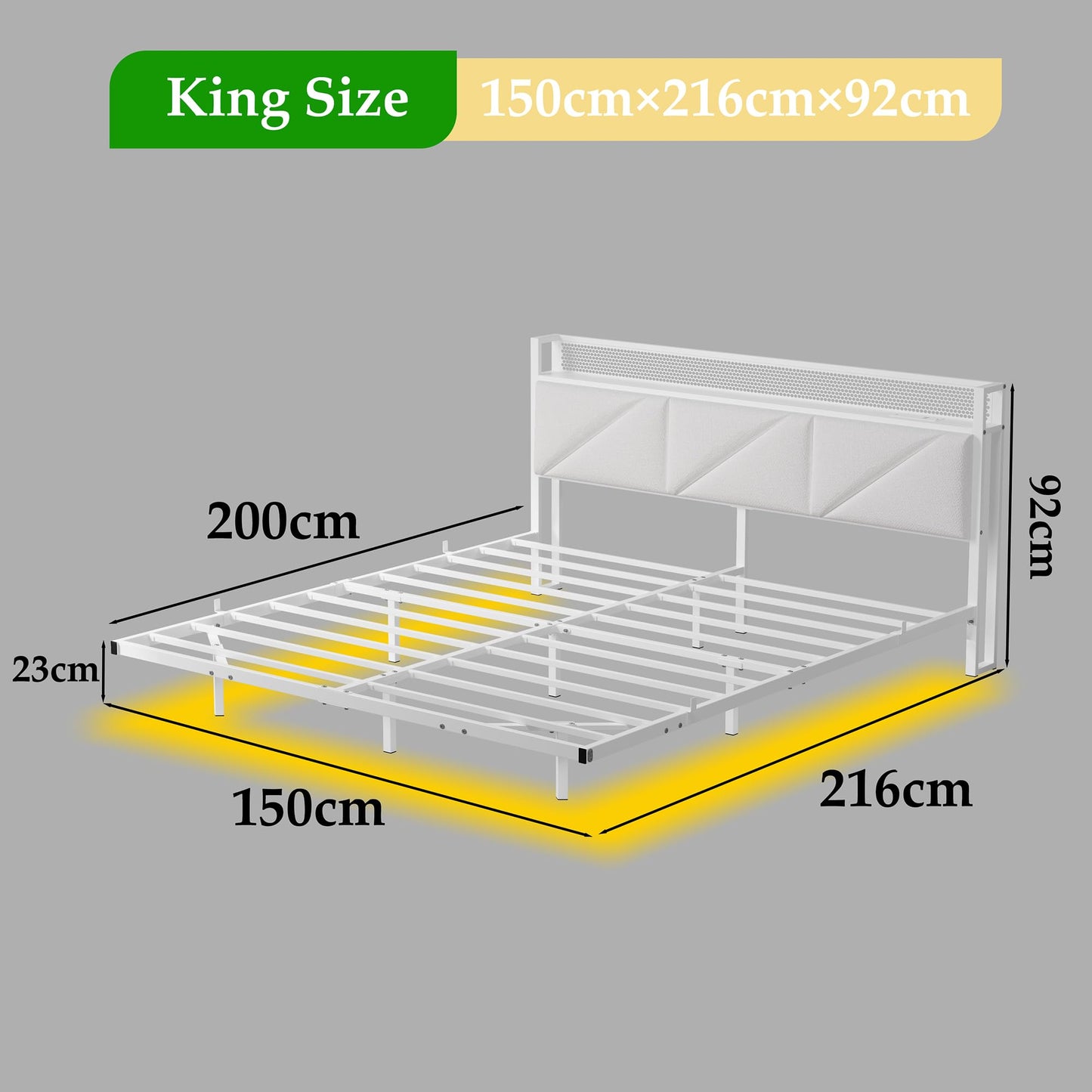 HAHRIR King Bed Frame with Floating Upholstered Storage Headboard, White