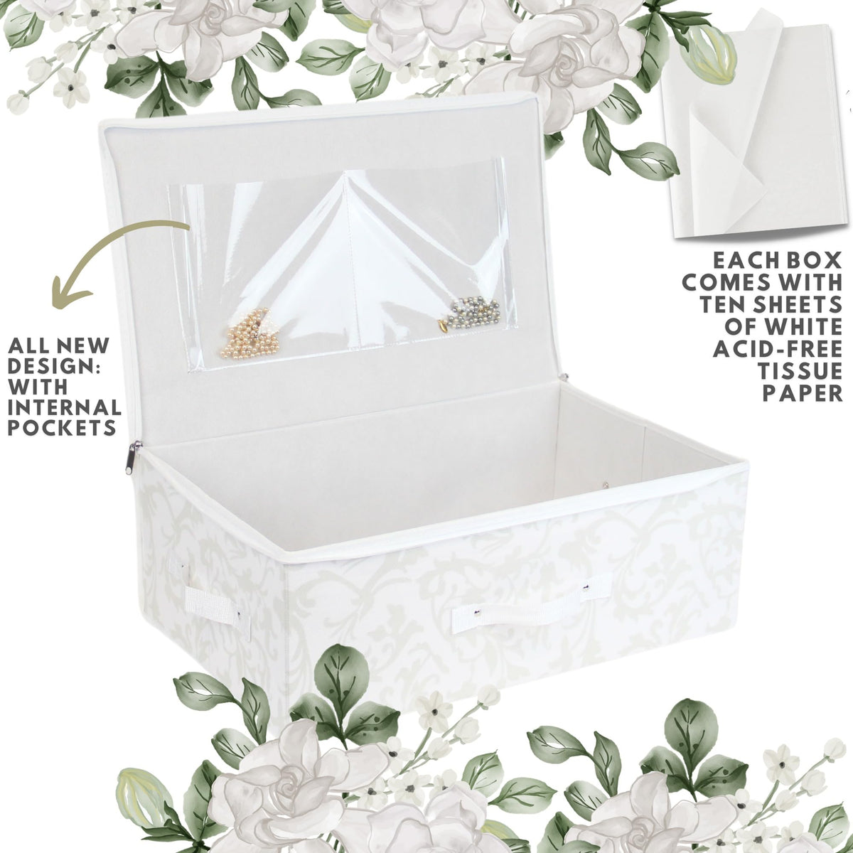 Hoesh - Breathable White with Silver Floral Design Wedding Dress Box - Underbed Storage Boxes, Wedding Dress Storage Box, Wardrobe Organiser