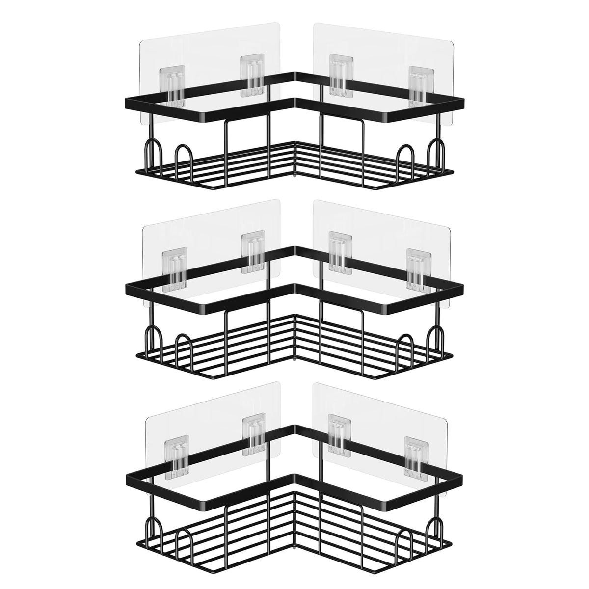 UUlioyer Corner Shower Caddy, Rustproof Bathroom Shelf No Drilling, Bath Storage with Hooks (3-Pack Corner Shower Caddy- Black)