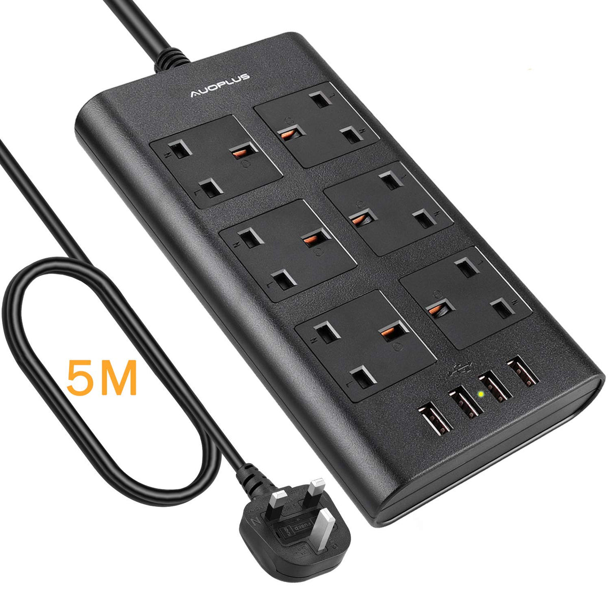 6 Way Extension Lead 5M, AUOPLUS Multi Plug Extension Lead with USB Solts, Overload Protection Power Strip, Black Extension Socket for TV PC Laptops