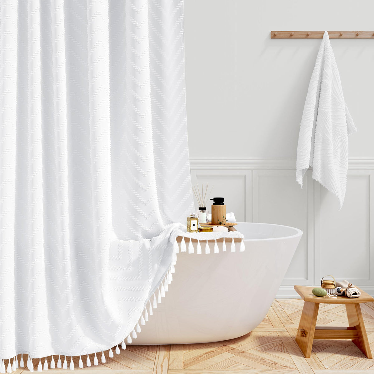 BTTN Boho Farmhouse Shower Curtain, Tufted Chevron Striped Tassel Shower Curtains, Durable and Washable with 12 Plastic Hooks, Vintage Bohemian, 182 x