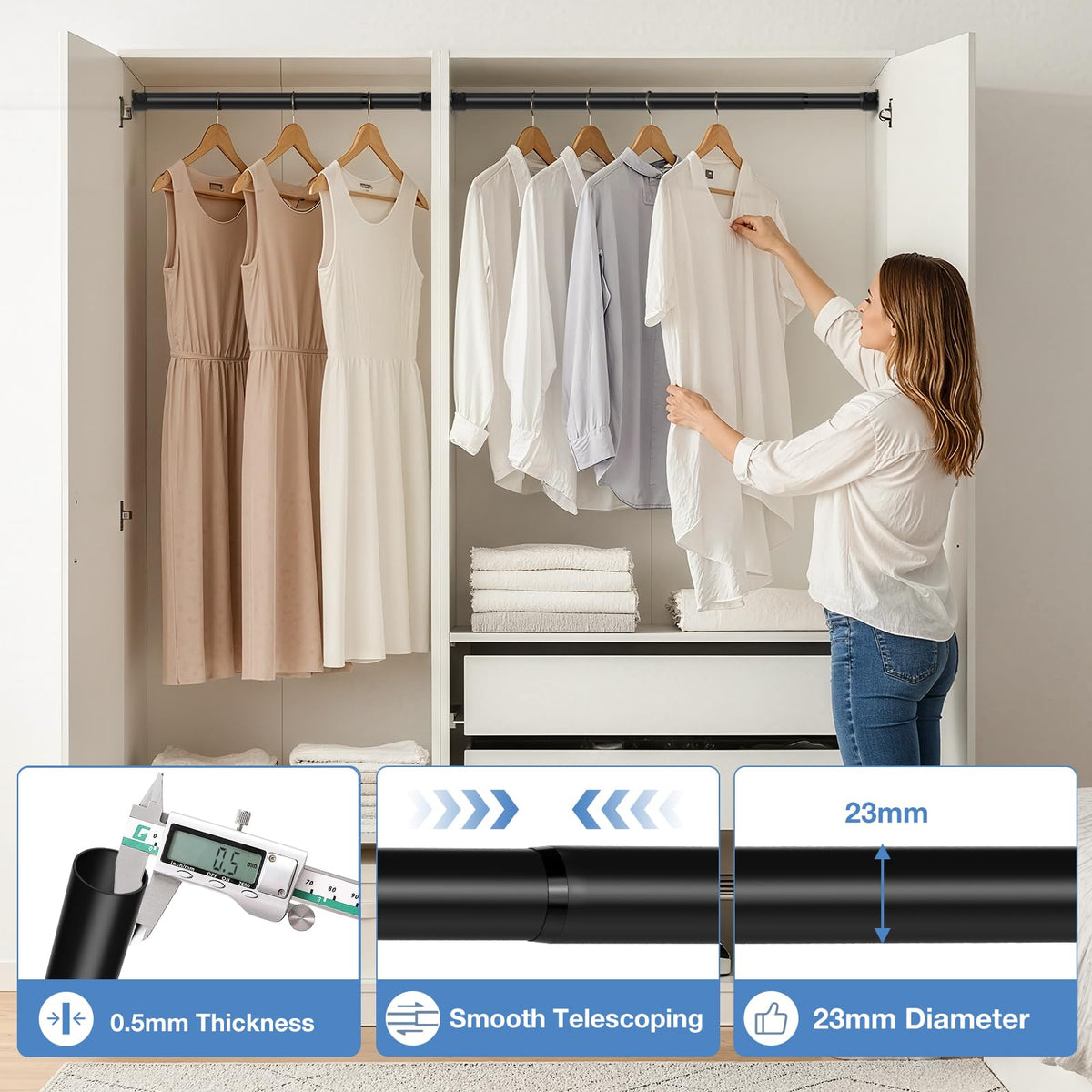 Wardrobe Rail 42-103cm Extendable Clothes Rail Black Wardrobe Pole Stainless Steel Adjustable Clothes Rail Heavy Duty Hanging Rails For