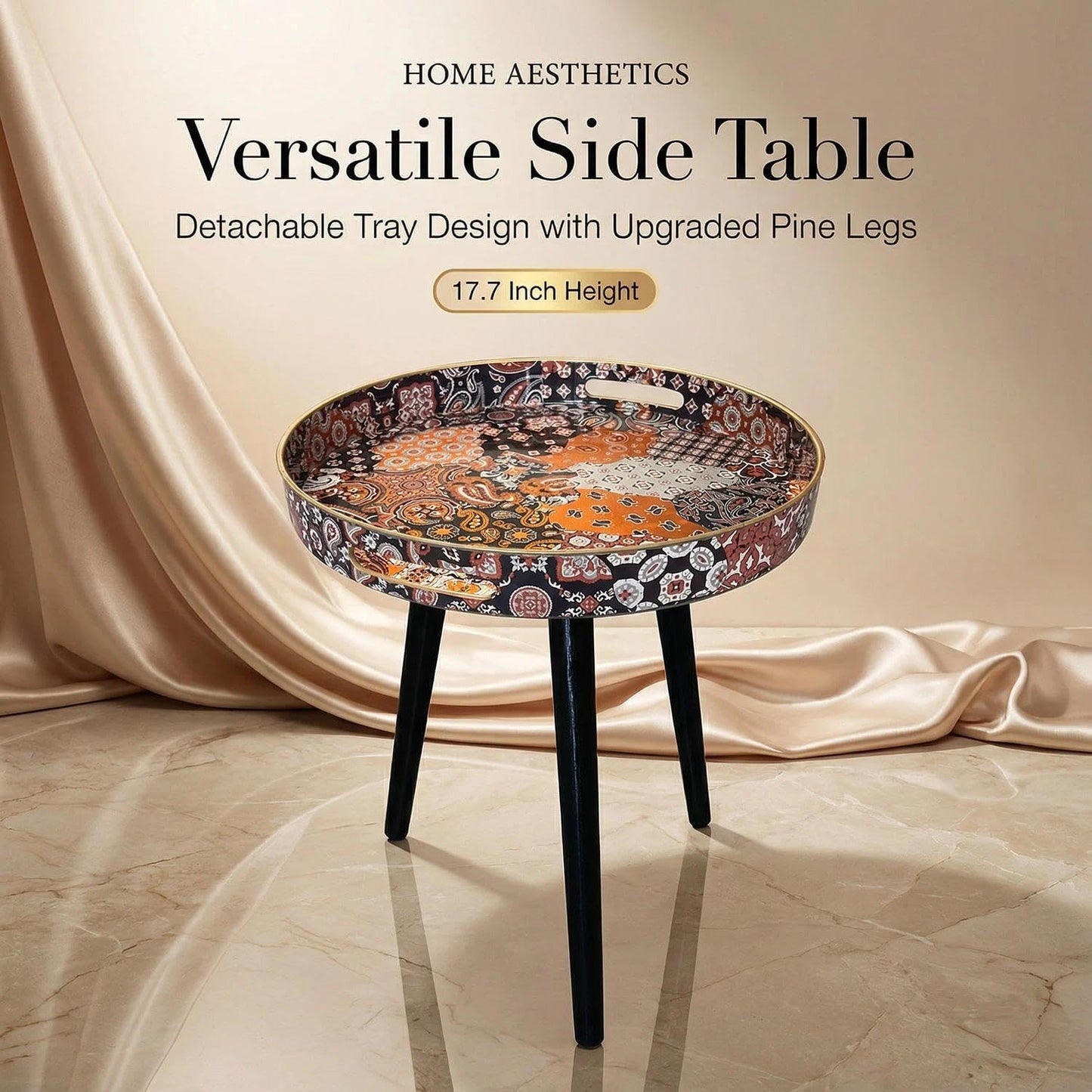 Simmer Stone Round Indoor Side Tables with Detachable Wooden 3 Legs, Versatile Tray Table, Perfect For Round Coffee Table Tea