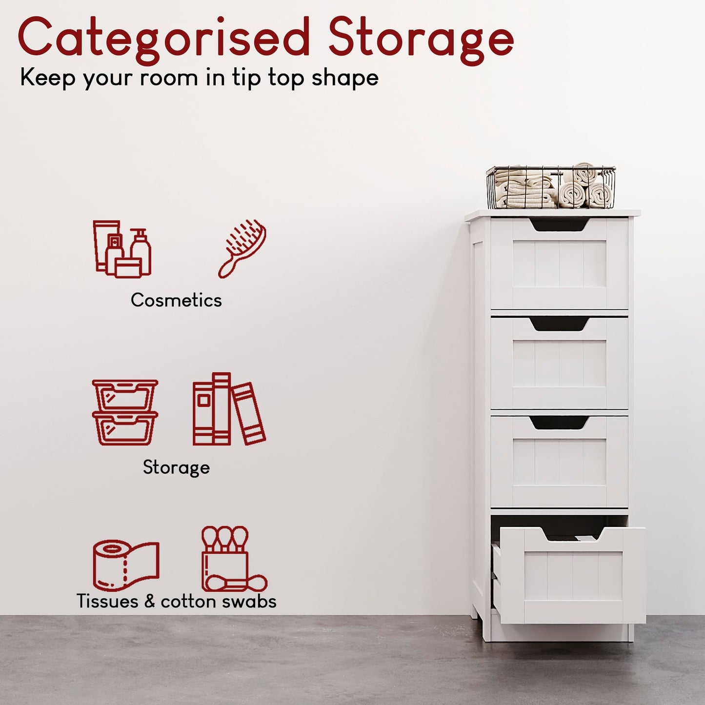 Bath Vida Priano Freestanding 4 Drawer Bathroom Storage Cabinet Unit, White