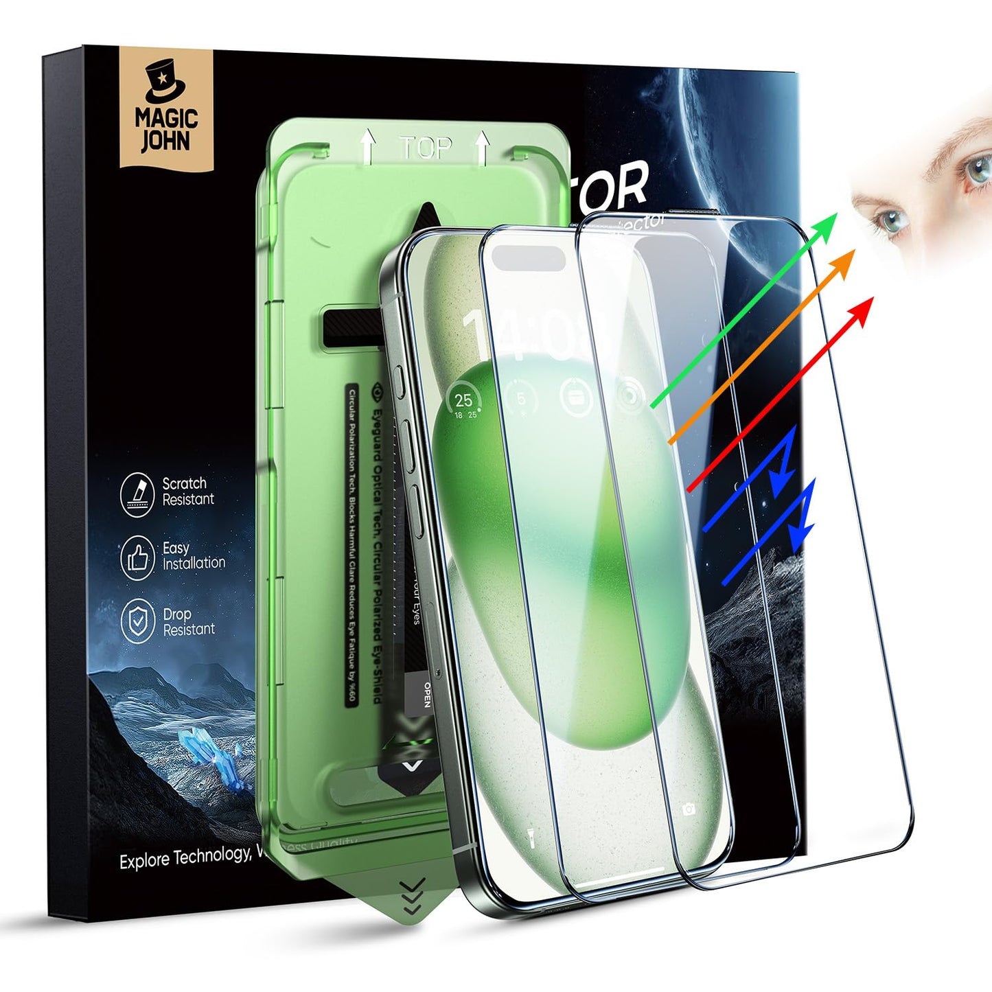 MAGIC JOHN 2 Pack for iPhone 15/16 (6.1") Eye Protection Screen Protector, HD Clear, Auto Dust-Elimination, 9H Tempered Glass & Scratch Resistance,