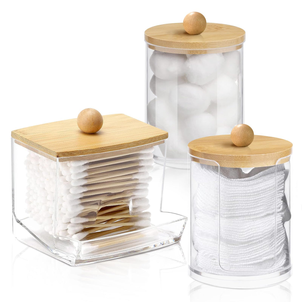 Gaoduanluoluo 3-Piece Acrylic Cotton Pad Storage with Bamboo Lids, Holder Dispenser for Living Room, Bedroom, Study Room, Bathroom
